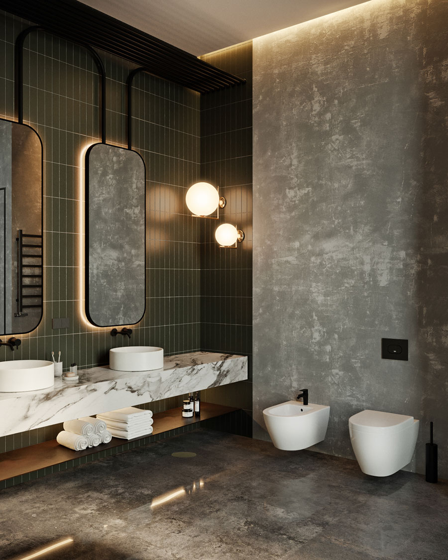 badkamer groene tegels olijfgroene tegels combinatie beton marmer