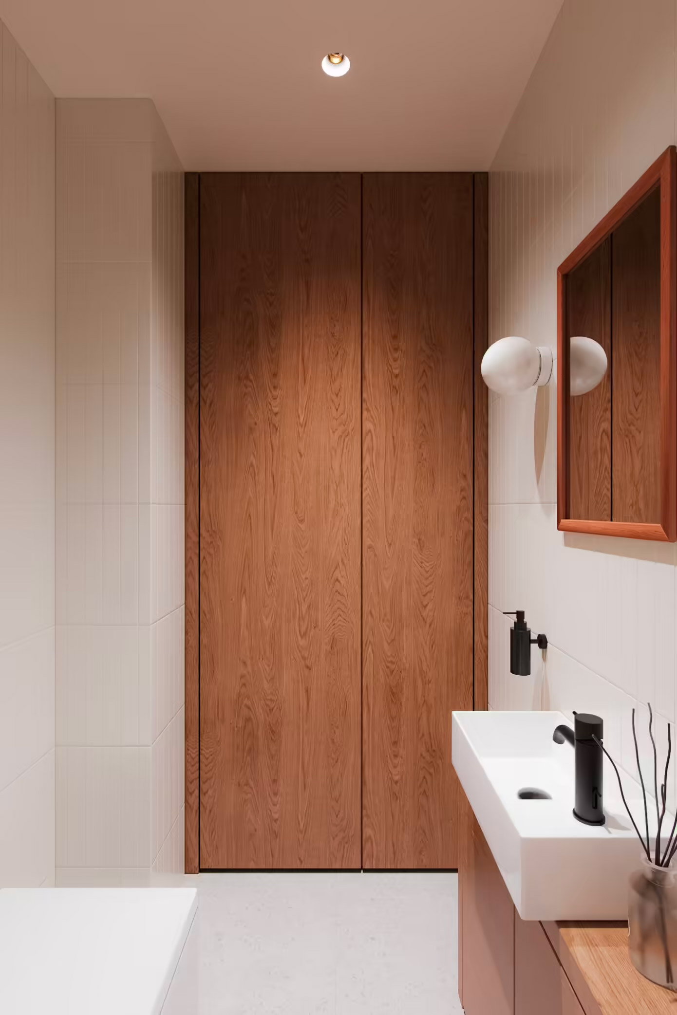 Dit is de mooie kast met blinde deur van de badkamer van het Koti Apartment, gerealiseerd door Hi Atelier.