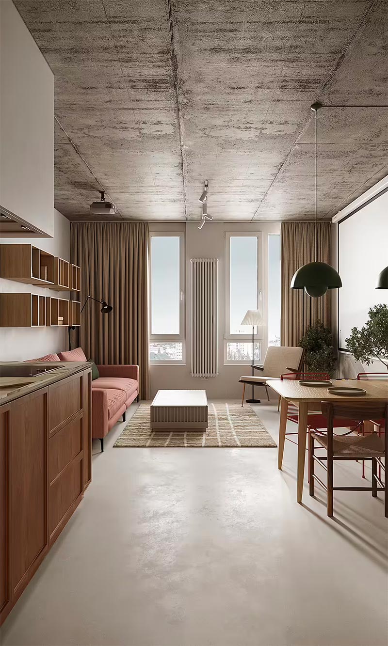 In dit stoere appartement, ontworpen door interieur & ontwerpbureau Between the Walls, is er gekozen voor een prachtige woonbeton vloer.