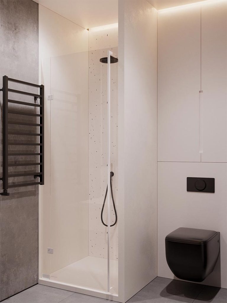 N.Team Design maakte dit mooie ontwerp voor een kleine badkamer met een kleine inbouwkast op maat boven het toilet.
