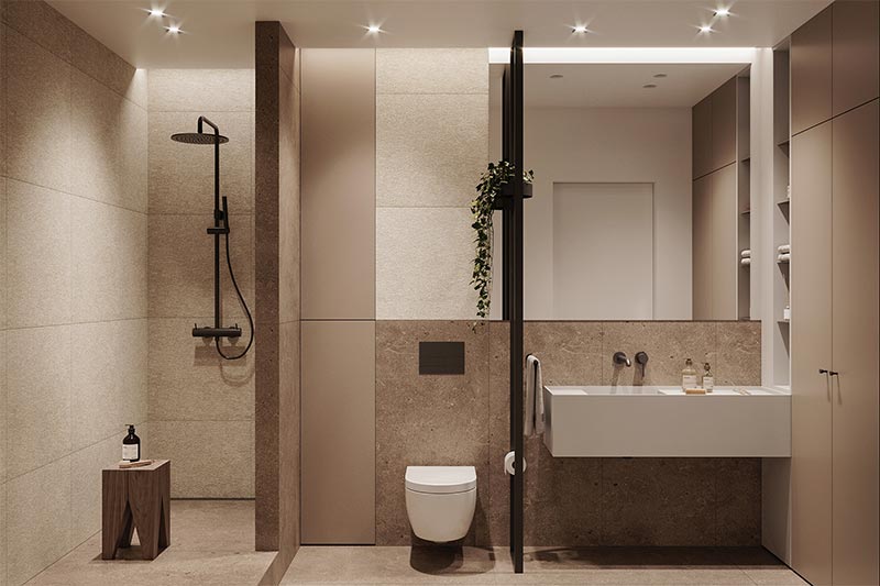 Deze luxe badkamer is ontworpen door Natalia Rybakova, met een grote op maat gemaakte inbouwkast aan de rechterkant.