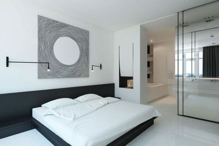 Elena Fateeva van ontwerpbureau Fateeva Design heeft in deze minimalistische slaapkamer gekozen voor een groot abstract kunstwerk aan de strakke witte muur. Klik hier voor meer foto's.