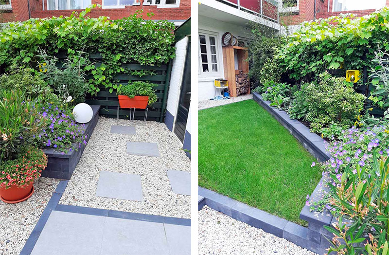 Hovenier Harrie Boerhof heeft voor dit mooie tuinontwerp gekozen voor een combinatie van grind, gras en tegels. | Bron: Harrieboerhof.nl