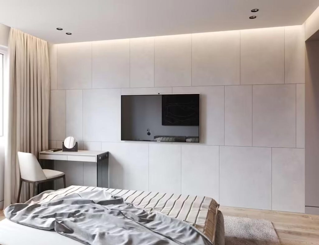 tv aan muur betonlook wandbekleding slaapkamer