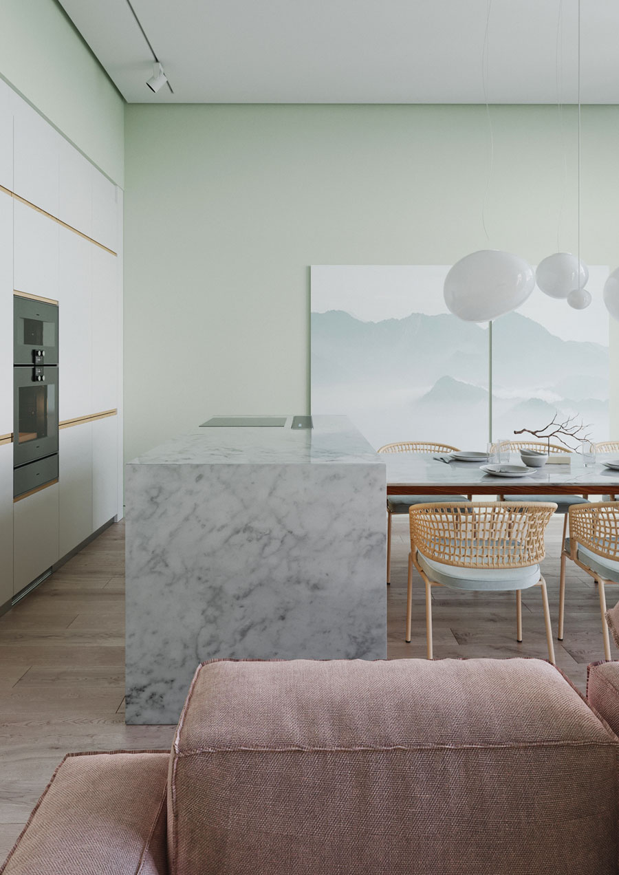 Woonkamer met Scandinavisch design en pastelkleuren