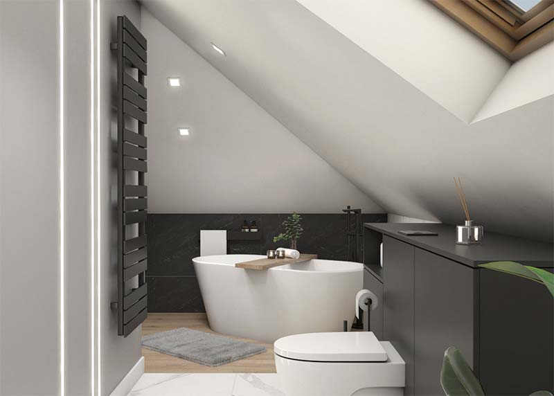 In deze luxe zolder badkamer met vrijstaand bad, is er gekozen voor een passende grote designradiator in het zwart.