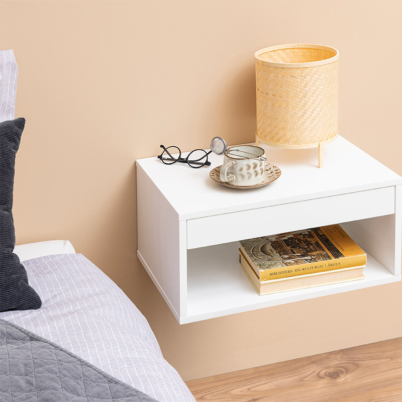 zwevend nachtkastje eenvoudig wit open vak en lade